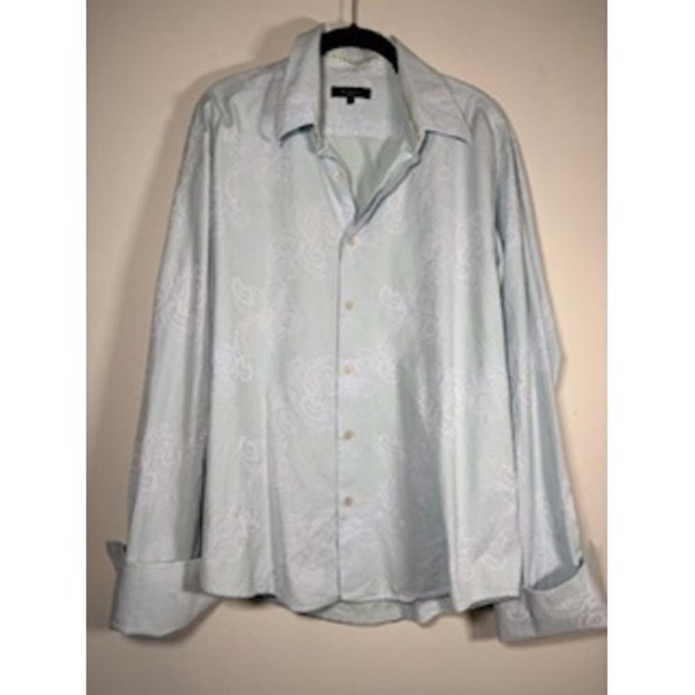 TED BAKER Button Down Shirt 6 XL Blue Paisley Jacquard Dobby Cotton Long Sleeve